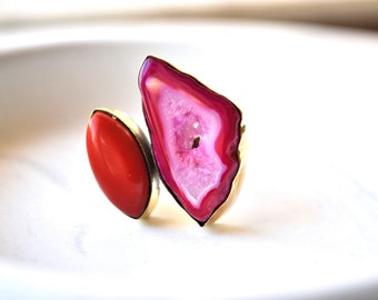 Adjustable Agate Ring: Red, Pink & Gold Statement Ring