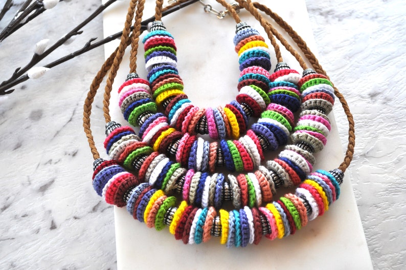 Recycled jewellery Multicoloured crochet necklace handcrafted jewellery art image 9