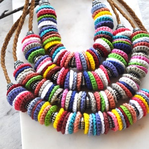 Recycled jewellery Multicoloured crochet necklace handcrafted jewellery art image 10