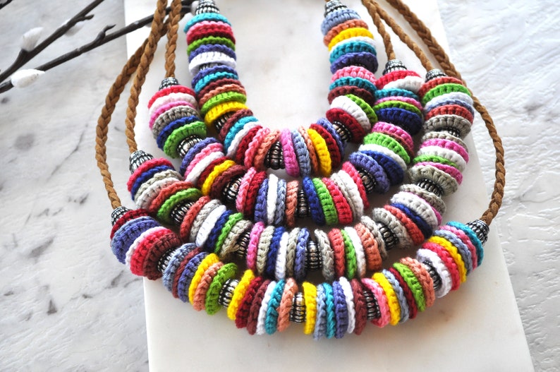 Recycled jewellery Multicoloured crochet necklace handcrafted jewellery art image 10