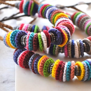 Recycled jewellery Multicoloured crochet necklace handcrafted jewellery art image 6
