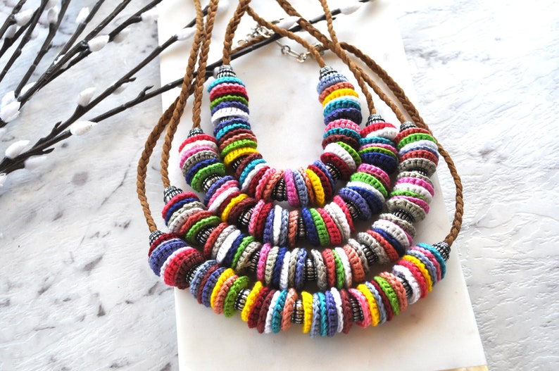 Recycled jewellery Multicoloured crochet necklace handcrafted jewellery art image 8