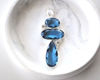 Blue Crystal Pendant: Handmade German Silver & White Bronze