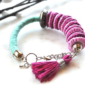 Crochet Boho Bracelet: Recycled Cotton, Beaded Cuff, Adjustable Chain
