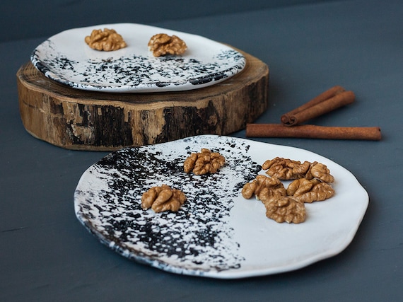 unique pottery hygge rustic minimal clay tray gift boho platter eclectic White plate set of 2 imperfect ceramic wabi sabi japan style