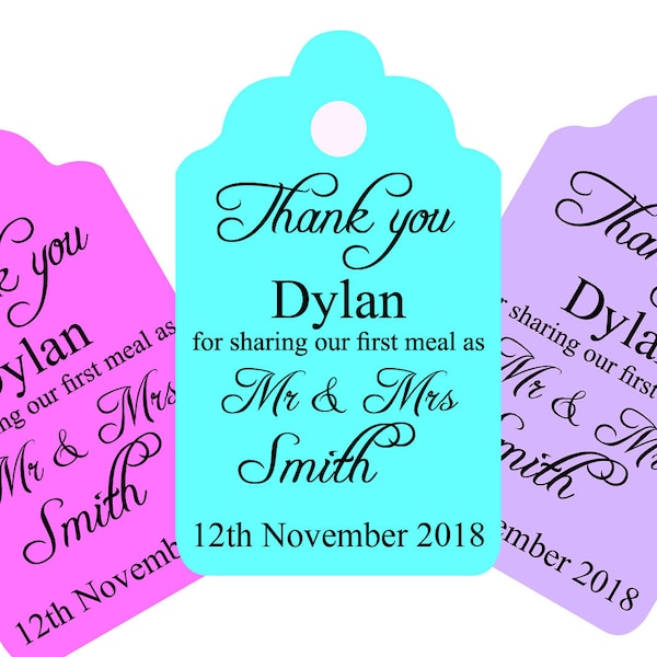 Personalised "Thank you for sharing our first meal" wedding tags with guests name and your details, any colour wording can be changed.