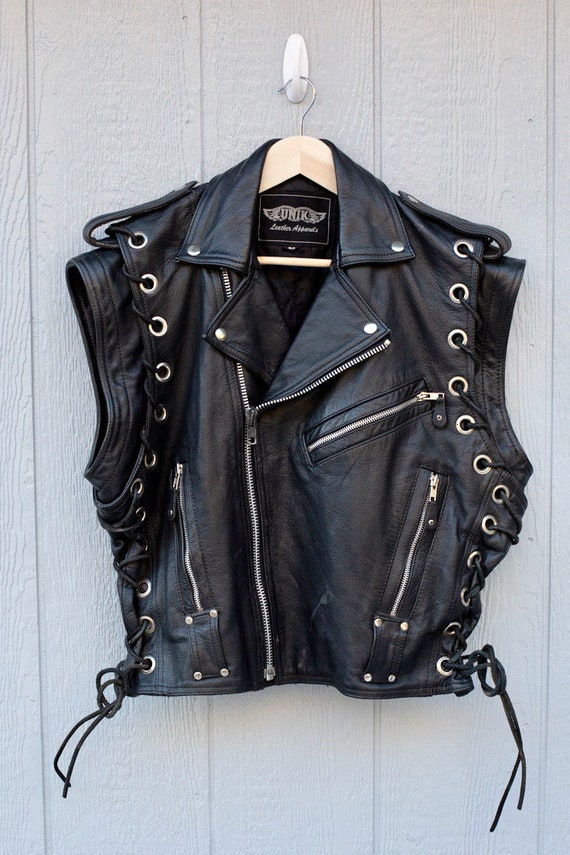 Rare Unusual Vintage Unik Leather Jacket Zip Off Slee… Gem