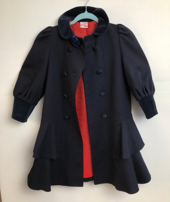 Vintage 50s 60s Girls 6-7 Yrs 122 Cm/48 Navy Wool & Velvet Dress 