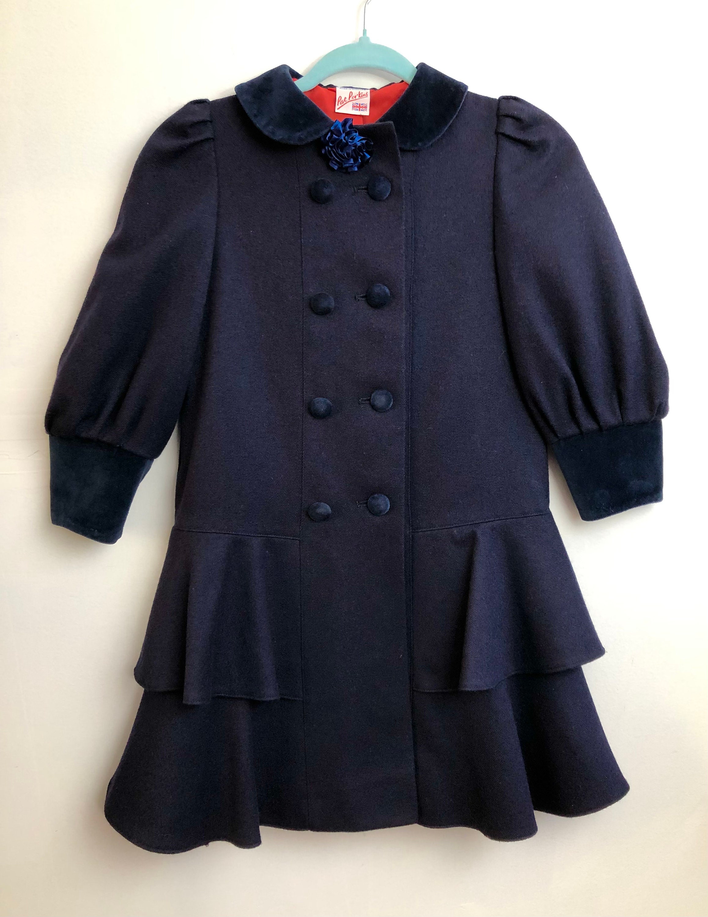 Vintage 50s 60s Girls 67 Yrs 122 Cm/48 Navy Wool & Velvet Dress Coat