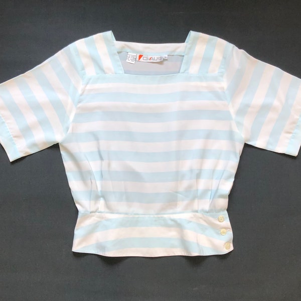 1980s 80s Chaus sailor pullover top Sz 10 baby blue, horizontal stripes, square neck, button waist, cropped blouse 100% poly no smells