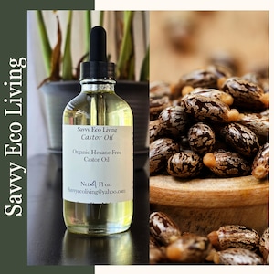 K&ouml;nnte beinhalten: Eine klare Glasflasche mit Tropfer, gef&uuml;llt mit hellgelbem Rizinus&ouml;l. Das Flaschenetikett lautet "Savvy Eco Living Castor Oil Organic Hexane Free Castor Oil Net 4 Fl oz. Savyecoliving@yahoo.com". Im Hintergrund befindet sich ein Haufen brauner Rizinusbohnen.