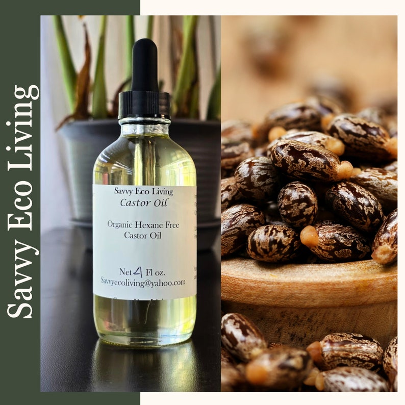 K&ouml;nnte beinhalten: Eine klare Glasflasche mit Tropfer, gef&uuml;llt mit hellgelbem Rizinus&ouml;l. Das Flaschenetikett lautet "Savvy Eco Living Castor Oil Organic Hexane Free Castor Oil Net 4 Fl oz. Savyecoliving@yahoo.com". Im Hintergrund befindet sich ein Haufen brauner Rizinusbohnen.