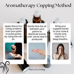 K&ouml;nnte beinhalten: Ein Bild, das die "Aromatherapie-Cupping-Methode" mit Anweisungen zur Verwendung &auml;therischer &Ouml;le zeigt. Es zeigt das Auftragen von &Ouml;l, das Reiben der Handfl&auml;chen und das Einatmen. Das Bild enth&auml;lt &auml;therische &Ouml;lflaschen und das Logo "Savvy Eco Living".