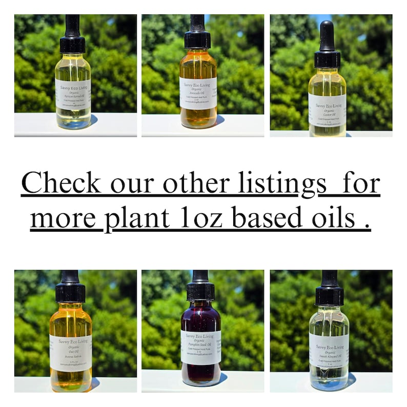 K&ouml;nnte beinhalten: Sechs Glasflaschen mit Tropfern, gef&uuml;llt mit verschiedenen &Ouml;len. Die Flaschen sind mit "Savvy Eco Living Organic" beschriftet und geben die Art des &Ouml;ls an. Der Text "Check our other listings for more plant 1 oz based oils." befindet sich unter den Flaschen.