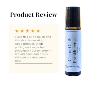 May include: Five-star product review with text praising a shop and its castor oil and frankincense roller bottle. The text reads "I love this oil so much and this shop is amazing!!! Good product, great pricing and super fast shipping!! I put an order in around noon and it was shipped out that same day!!!". The bottle is brown glass with a white label that reads "Castor Oil & Frankincense" and "ROLLER 10 ML".