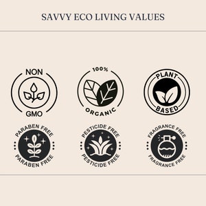 K&ouml;nnte beinhalten: Schwarz-wei&szlig;e grafische Symbole mit Text, die umweltfreundliche Produktwerte beschreiben. Die Symbole umfassen: Nicht-GVO, 100 % Bio, pflanzenbasiert, parabenfrei, pestizidfrei und parf&uuml;mfrei.