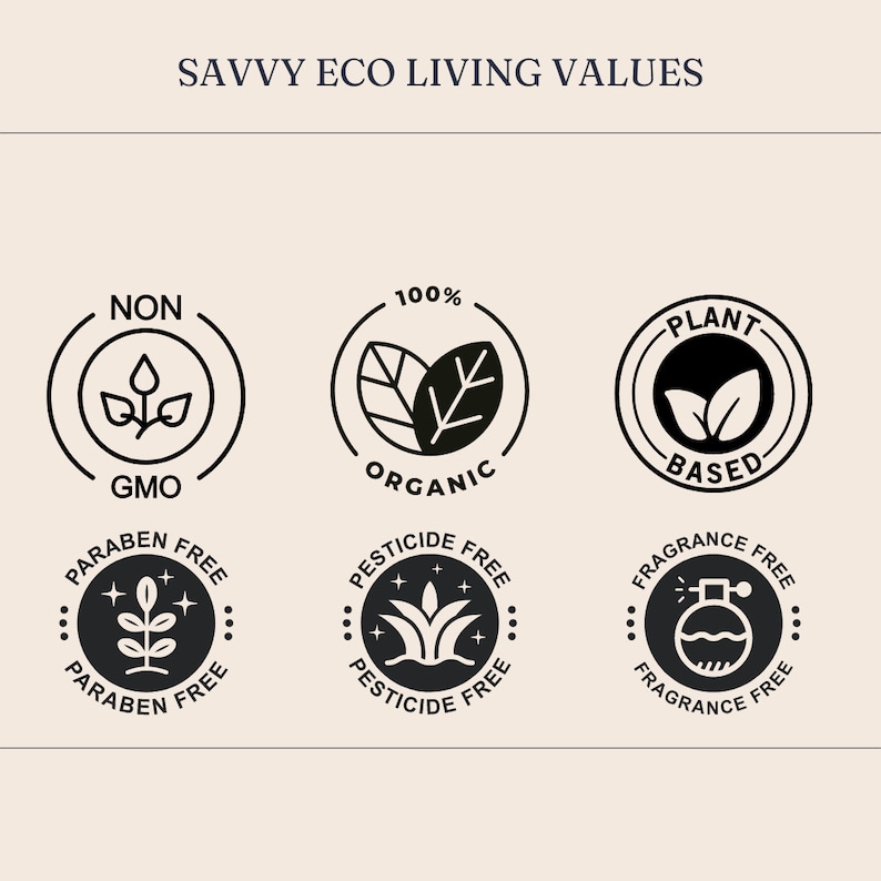 K&ouml;nnte beinhalten: Schwarz-wei&szlig;e grafische Symbole mit Text, die umweltfreundliche Produktwerte beschreiben. Die Symbole umfassen: Nicht-GVO, 100 % Bio, pflanzenbasiert, parabenfrei, pestizidfrei und parf&uuml;mfrei.
