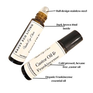 May include: Two 10 ml dark brown glass roller bottles with black caps. The bottle on the left has a label that reads "SAVVY ECO LIVING Under Eye Elixir Castor Oil &" and the bottle on the right has a label that reads "Render Eye Elixir Castor Oil & Frankincense ROUVER Cold pressed, hexane free, castor oil Organic Frankincense essential oil".