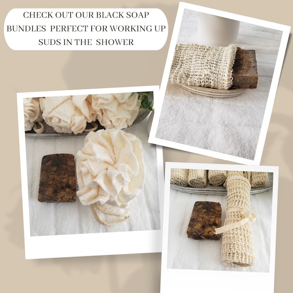 African Black Soap Bundles Chose Either A Soap Saver Sisal Bag, Cotton Bath Pouf Or Sisal Wash Cloth ,Raw Black Soap ,Eco Vegan Gift