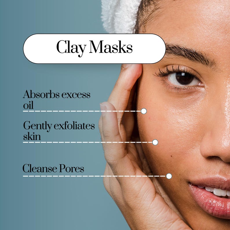May include: A close-up of a face with text overlay reading Clay Masks, Absorbs excess oil, Gently exfoliates skin, and Cleanse Pores. The image features a hand touching the cheek, with dashed lines pointing to specific areas of the skin.