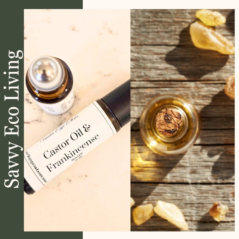 May include: Two amber glass bottles with cork tops, one with a roller ball applicator. The bottle with the roller ball is labeled "Castor Oil & Frankincense Roller".