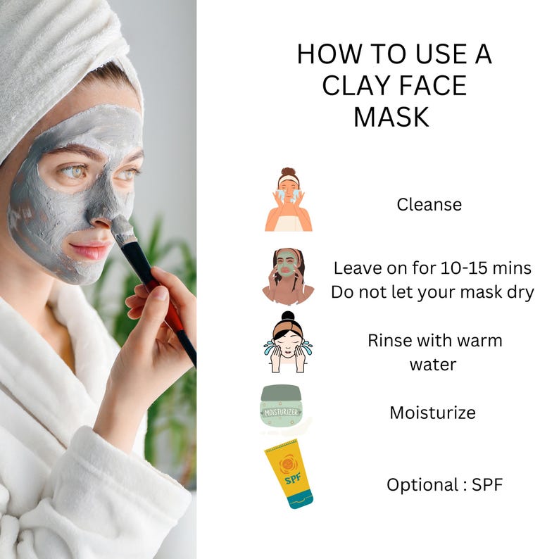 May include: An instructional graphic titled HOW TO USE A CLAY FACE MASK. It features a person with a gray clay mask applying it with a brush, followed by five steps: Cleanse, Leave on for 10-15 mins, Do not let your mask dry, Rinse with warm water, Moisturize, and Optional: SPF.
