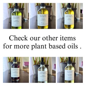 May include: Six glass bottles of various plant-based oils, each labeled with the name of the oil and the brand "Savvy Eco Living". The bottles are arranged in two rows of three, with a white background and a text overlay that reads "Check our other items for more plant based oils."