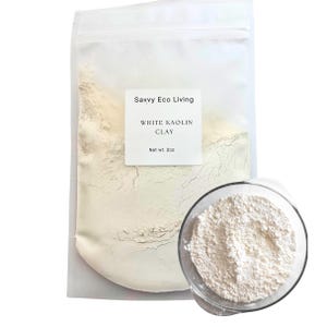 May include: A translucent plastic pouch containing white kaolin clay powder with a label reading Savvy Eco Living WHITE KAOLIN CLAY Net wt. 2oz. Next to the pouch is a small clear glass bowl filled with the same fine white powdery substance.