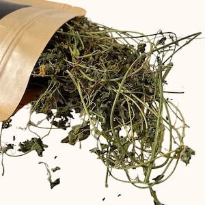 May include: Dried green herbs spilling from a brown paper bag. The herbs have a mix of textures, with some leaves and stems appearing dry and brittle. The color palette is dominated by shades of green and brown.