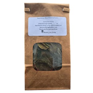 May include: A brown paper bag with a clear window displaying dried soursop leaves. A white label on the bag lists the ingredients and the seller's contact information. The bag is sealed at the top with folded paper.