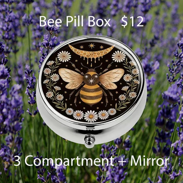 Small Bee Theme Stainless Steel Pill Box - Button Box - Findings Box - 3 Compartment - Compact Mirror