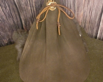 Handcrafted Large Leather Pouch  — Premium Suede Leather, Brass Grommets, Deer Antler Toggle, Oil-Tanned Leather Lace