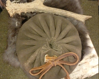 Handcrafted 6″ Olive Suede Drawstring Pouch — Premium Leather Coin Bag with Antler Toggle