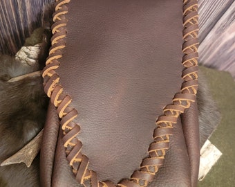 Handcrafted Leather Pouch — Premium Leather, Braided Trim, Drawstring Closure, Ideal for Coins, Crystals, or Small Essentials