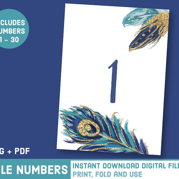 Printable Peacock Feather Wedding Table Numbers - Glitter Plume Party Decor - Gold Glamour Table Centerpiece - Turquoise Jewel Tones S1389