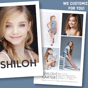 May include: A model's composite card featuring a young girl with blonde hair and blue eyes. The card includes her name, Shiloh Carter, and her contact information. The card also includes a variety of photos of the model in different poses and outfits.
