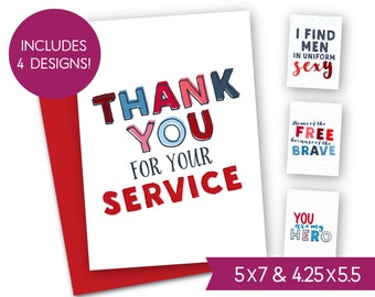 May include: A white greeting card with the words "THANK YOU FOR YOUR SERVICE" in red, blue, and black lettering. The card is paired with a red envelope. Additional cards with patriotic phrases are also shown. The card sizes are 5x7 and 4.25x5.5 inches.