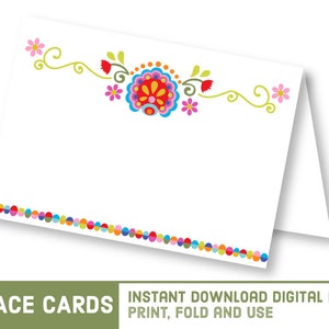 May include: Printable place cards with a colorful floral design. The cards feature a red, yellow, blue, and green floral pattern with a border of colorful dots. The text "PLACE CARDS" is at the bottom of the image.