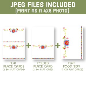 May include: Printable digital download of three different designs for a fiesta party. The designs include two flat place cards, one folded place card, and one flat food sign. The designs feature a colorful floral border with a white background.