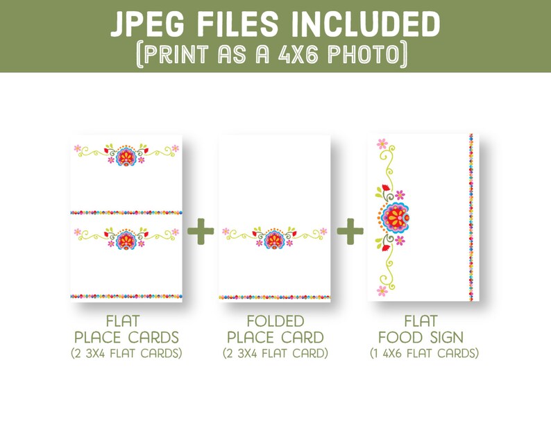 May include: Printable digital download of three different designs for a fiesta party. The designs include two flat place cards, one folded place card, and one flat food sign. The designs feature a colorful floral border with a white background.