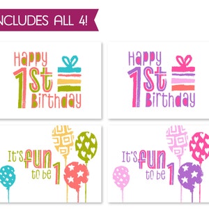 First Birthday Printable Greeting Card Bundle, Childrens 1st Birthday ...
