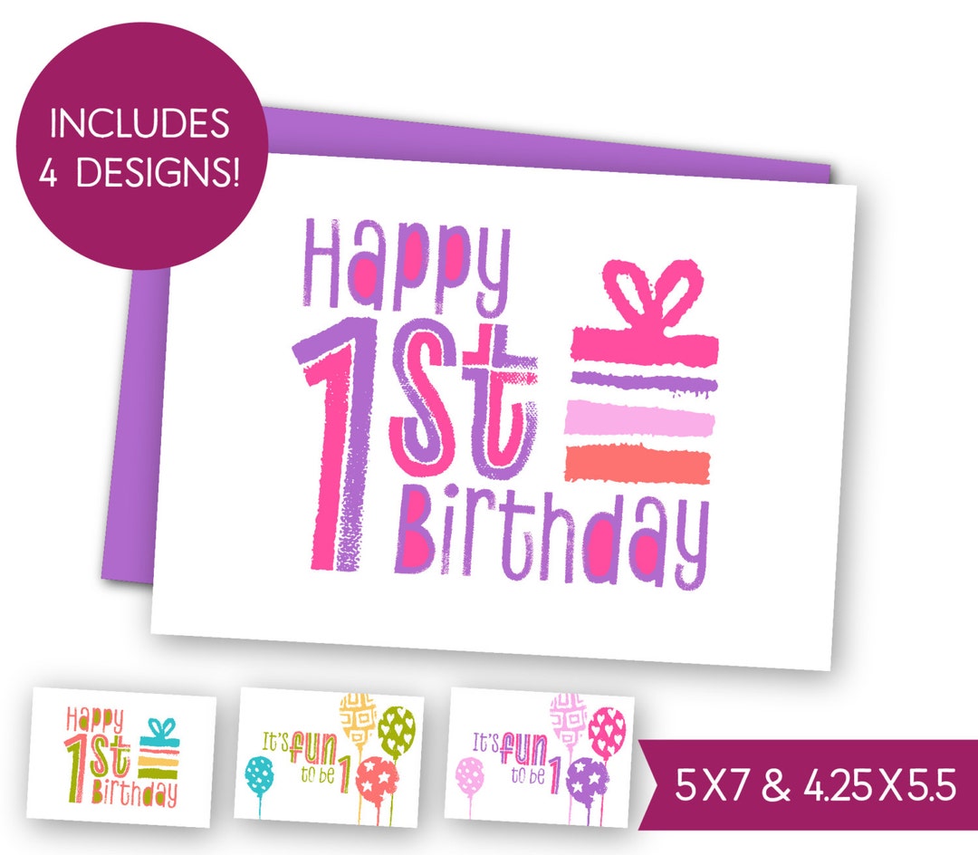 First Birthday Printable Greeting Card Bundle, Childrens 1st Birthday Cards, Kids Birthday E