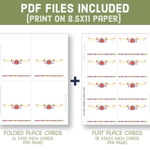 May include: Printable place cards with a colorful floral design. The cards are available in two formats: folded (4 cards per page, 3.5 x 5 inches) and flat (8 cards per page, 2.5 x 3.5 inches).