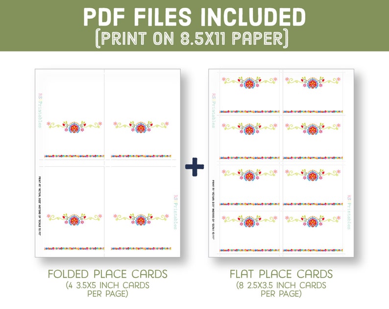 May include: Printable place cards with a colorful floral design. The cards are available in two formats: folded (4 cards per page, 3.5 x 5 inches) and flat (8 cards per page, 2.5 x 3.5 inches).