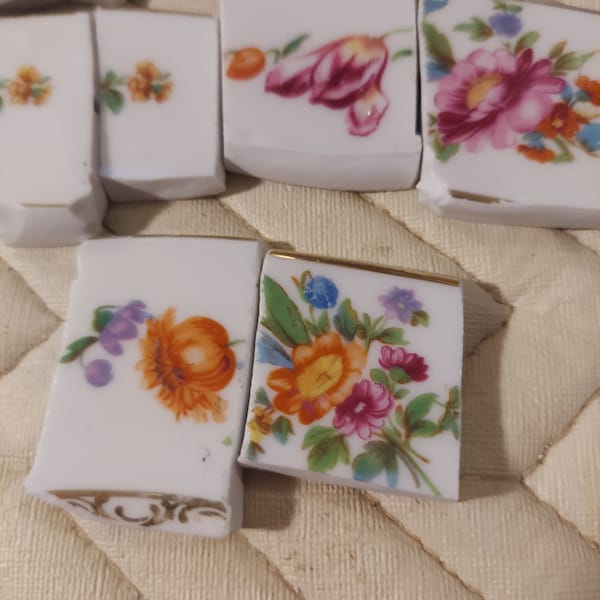 Jewelry Making and Mosaic Tiles, 11 Tiles, Vintage China, Hand Cut, Porcelain Tiles, Rose China,