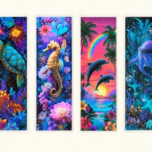 Fantasy Sea Life Bookmark Set, Sea Turtle Seahorse Dolphin Octopus Bookmarks (Matte or Laminated)