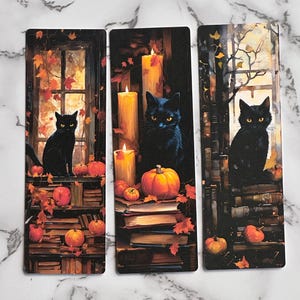 Black Cat Bookmarks | Autumn Pumpkins & Books | Matte or Laminate Finish | Halloween Gift, Gothic Reading Accessory, Fall Book Lover Gift