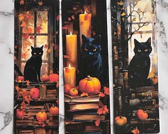 Black Cat Bookmark, Halloween Pumpkin Book Lover Gift, Laminated Option