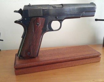 1911 Pistol Display Stand with Magazine Storage Compartment, solid sapele mahogany.