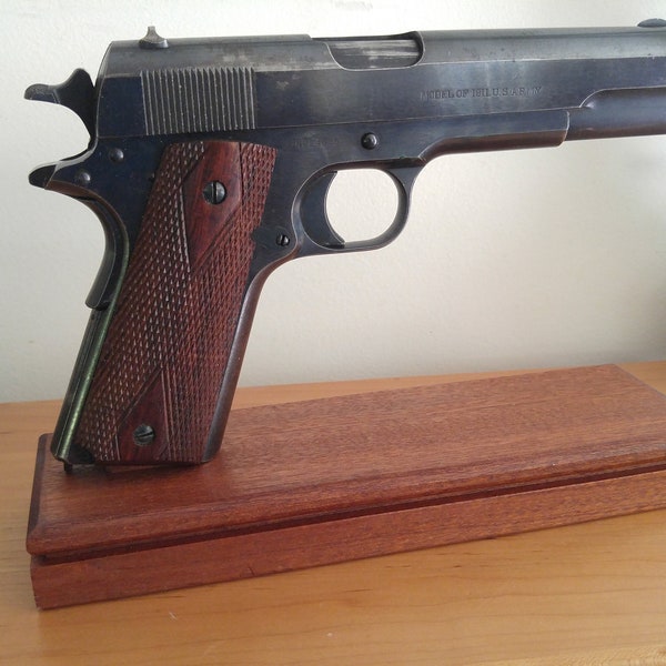 1911 Pistol Display Stand with Magazine Storage Compartment, solid sapele mahogany.